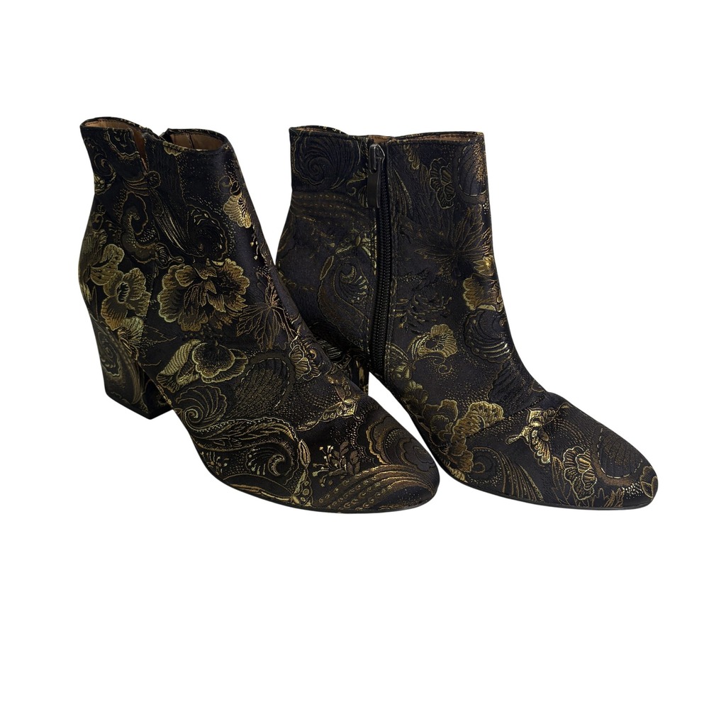 Franco Sarto Boots Women 8M Black Gold Brocade OLYMPIA Block Heel Zip Booties
